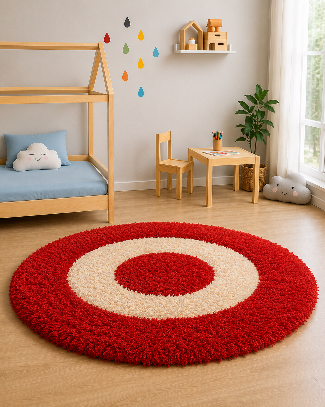 Premium Red and White Fluffy Round Carpet – Soft Touch & Anti-Skid Base