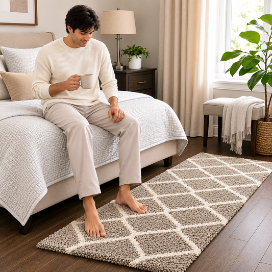 Beige & Ivory with Rubber Backing & Anti-Skid Soft Feel Bedside Runner