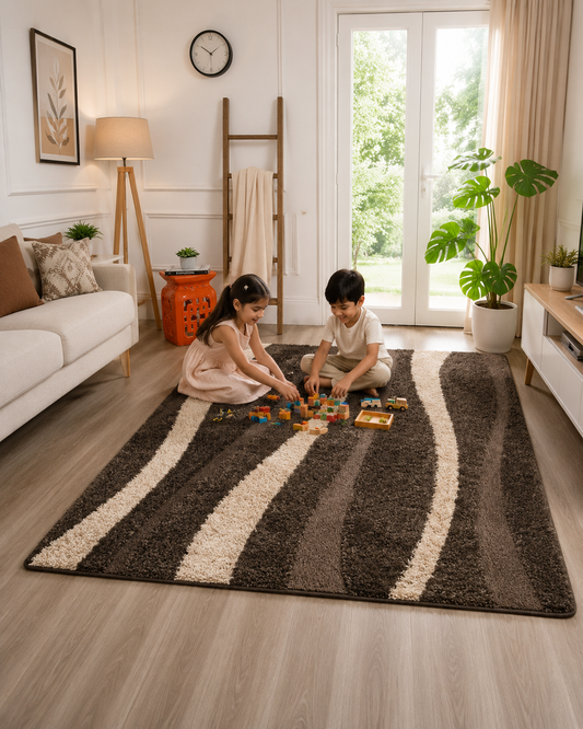 Coffee With Beige Shaggy Rug For Soft touch Microfiber Hand tufted Carpet