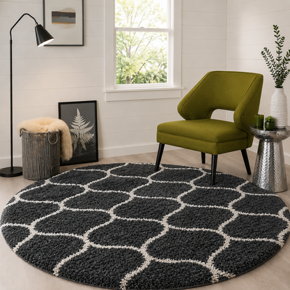 Luxury Hand-Tufted Diamond Shaggy Rug – Grey with Ivory – Soft Feel & Anti-Skid Rubber Backing