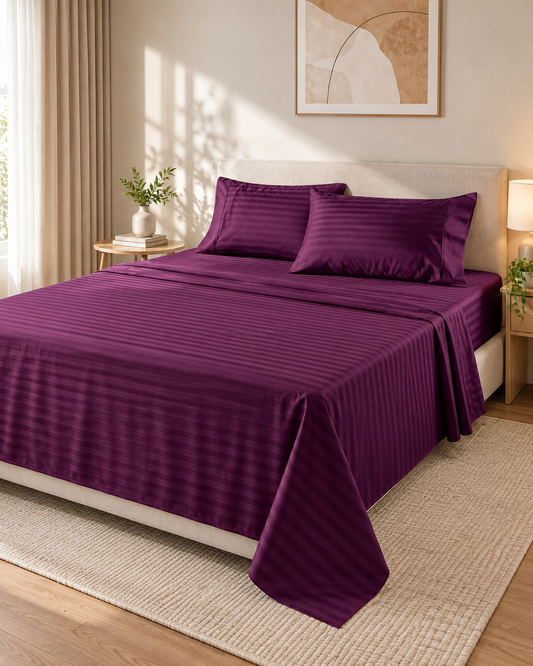 Premium Plain Stripes Cotton Royal Plum Bedsheet 🛏️ – Double Bed Size with 2 Pillow Covers