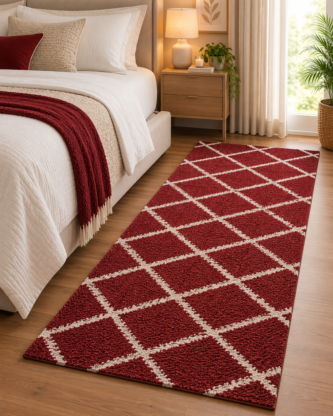 Premium Maroon with Ivory Geometric Diamond Pattern Bedside Runner – 12 mm Low Pile, Soft Feel