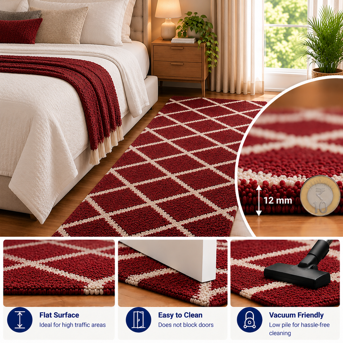 Premium Maroon with Ivory Geometric Diamond Pattern Bedside Runner – 12 mm Low Pile, Soft Feel