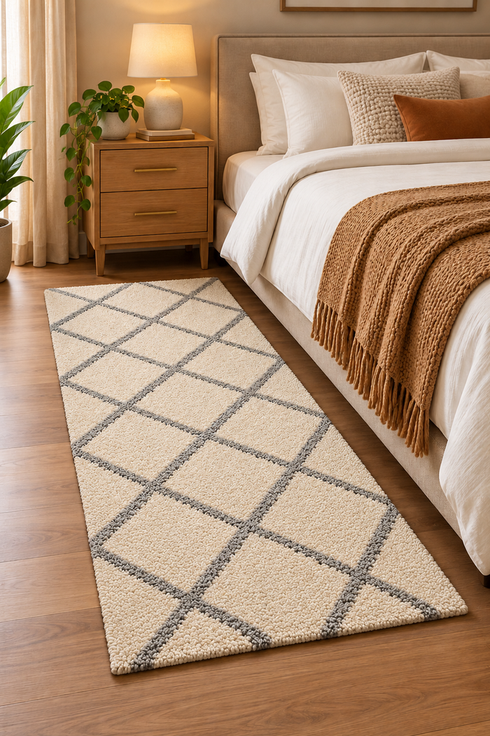 Premium Ivory Cream with Grey Geometric Diamond Pattern Bedside Runner – 12 mm Low Pile, Easy Care