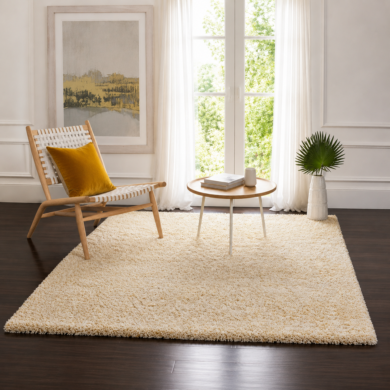 Mustard & Ivory Multi Shade Designer Carpet – 2 Inch Pile – Soft Feel with Anti-Skid Rubber Backing