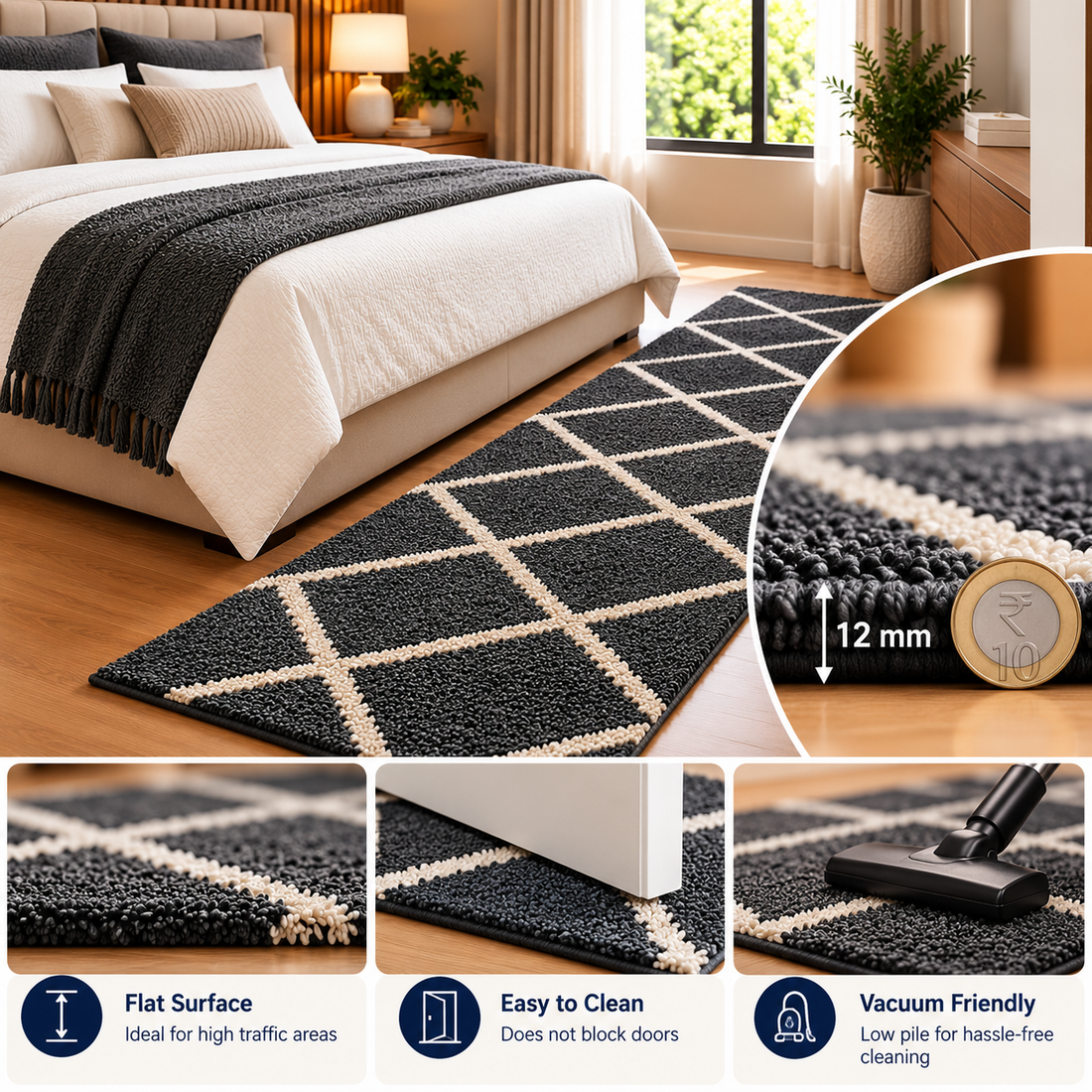 Premium Charcoal Grey with Ivory Geometric Diamond Pattern Bedside Runner – 12 mm Low Pile, Easy Care