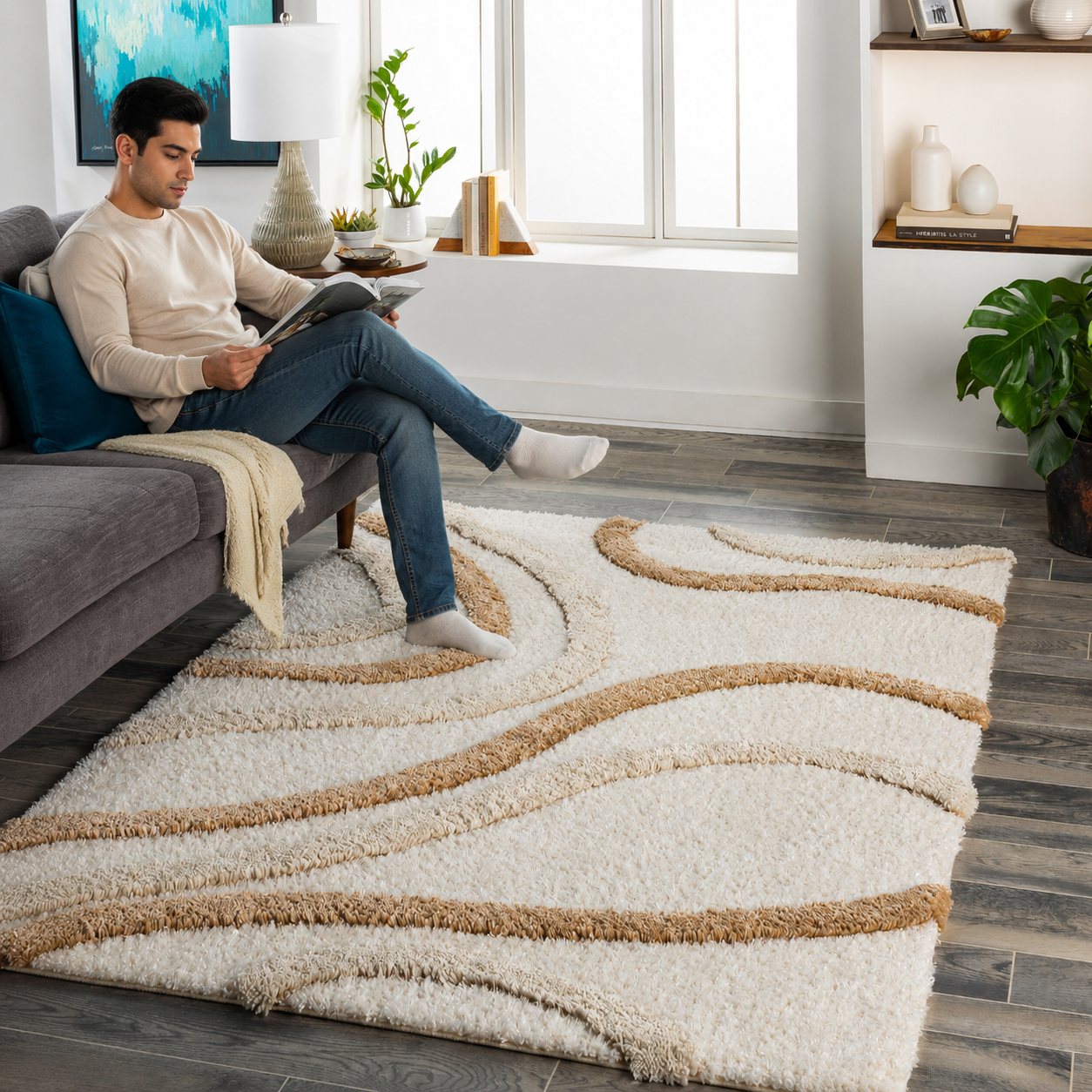 Ivory With Beige Color Camal Shape Shaggy Rug carpet