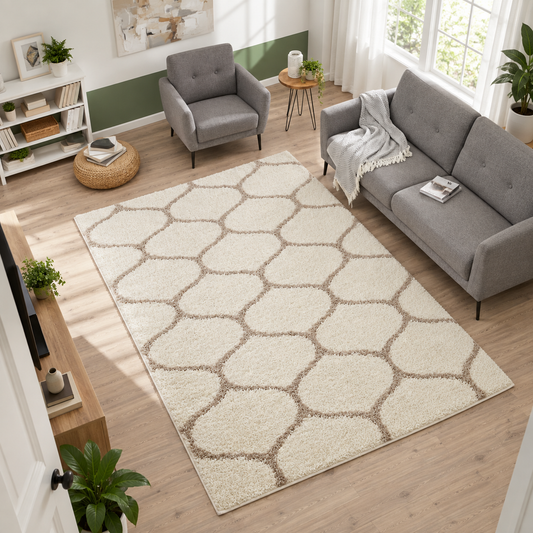 Cream and Beige Moroccan Lattice Microfiber Rug – Soft Feel & Anti-Skid Backing