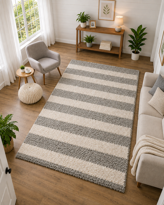 Ivory With Grey Shaggy Rug For Soft touch Microfiber Hand tufted Carpet