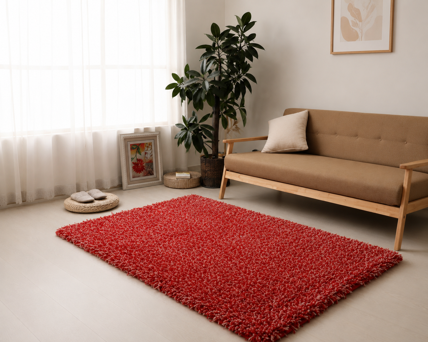 2 inch long pile Red & Ivory Shaggy Carpet – Extra Soft Feel with Anti-Skid Backing