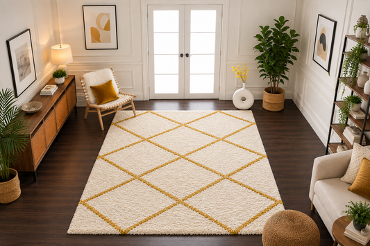 Yellow & Cream Geometric Design Microfiber Carpet – Soft Feel with Anti-Skid Backing