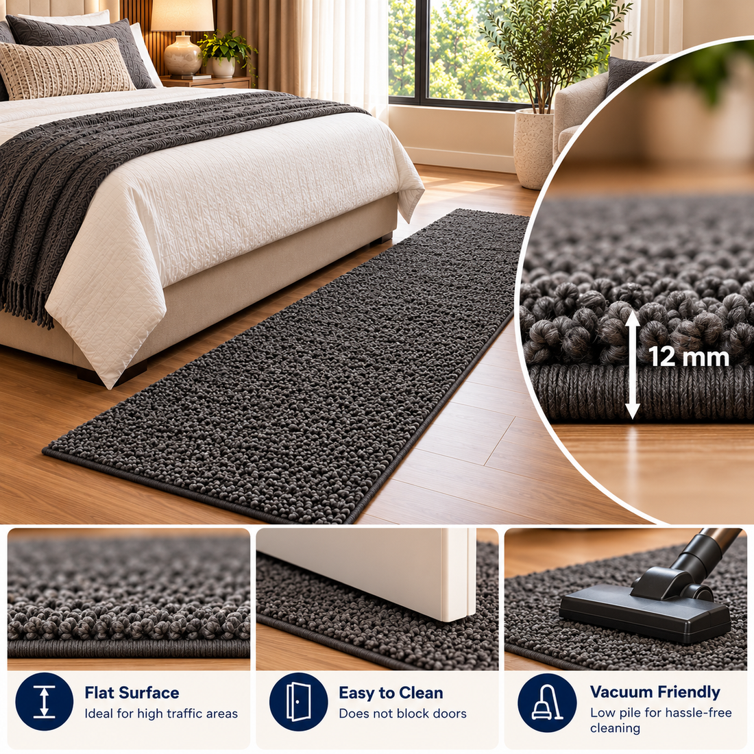 Luxury Grey Shaggy Bedside Runner Rug with Anti-Skid Backing -12mm Low Pile