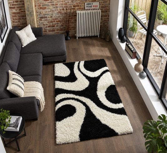 Black & White Microfiber Living Room Shaggy Carpet