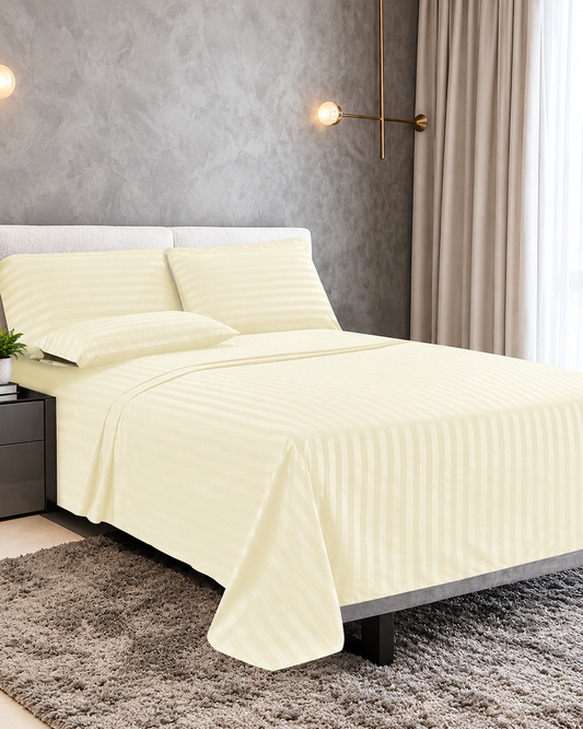 Premium Plain Stripes Cotton Ivory Cream Bedsheet 🛏️ – Double Bed Size with 2 Pillow Covers