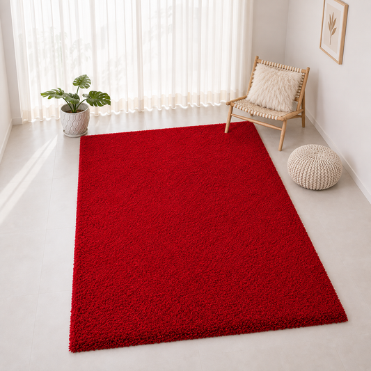 Plain Red Fluffy Rug For Living Room 2-Inch Pile Microfiber Silk Touch with Anti-Skid Backing