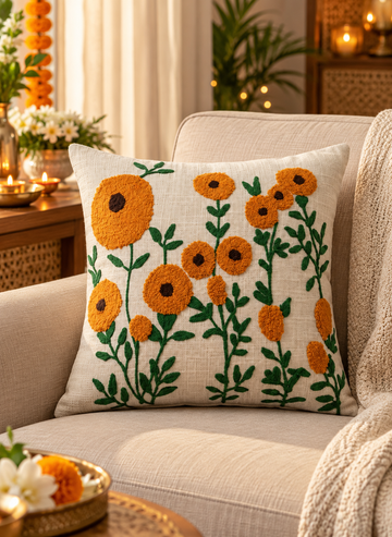 Orange Floral Embroidered Cushion Cover | Botanical Flower Design Decorative Pillow Cover for Sofa & Living Room
