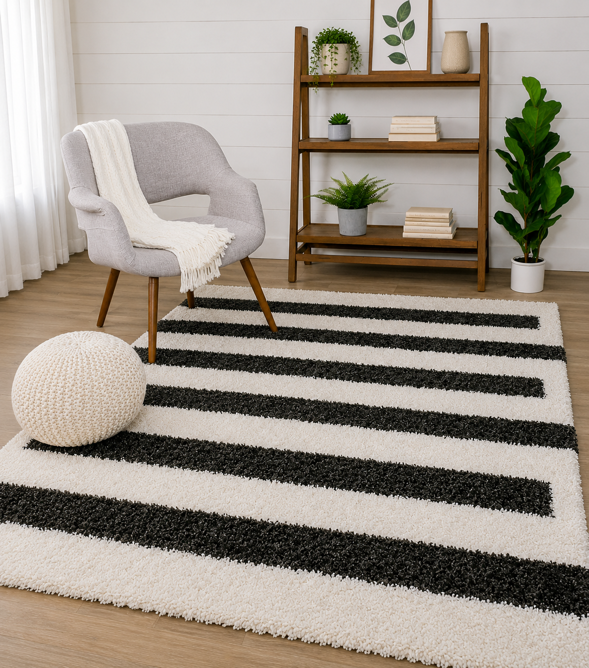 Handmade Microfiber Carpet for Living Room Bedroom Hall & Home - Black & Ivory