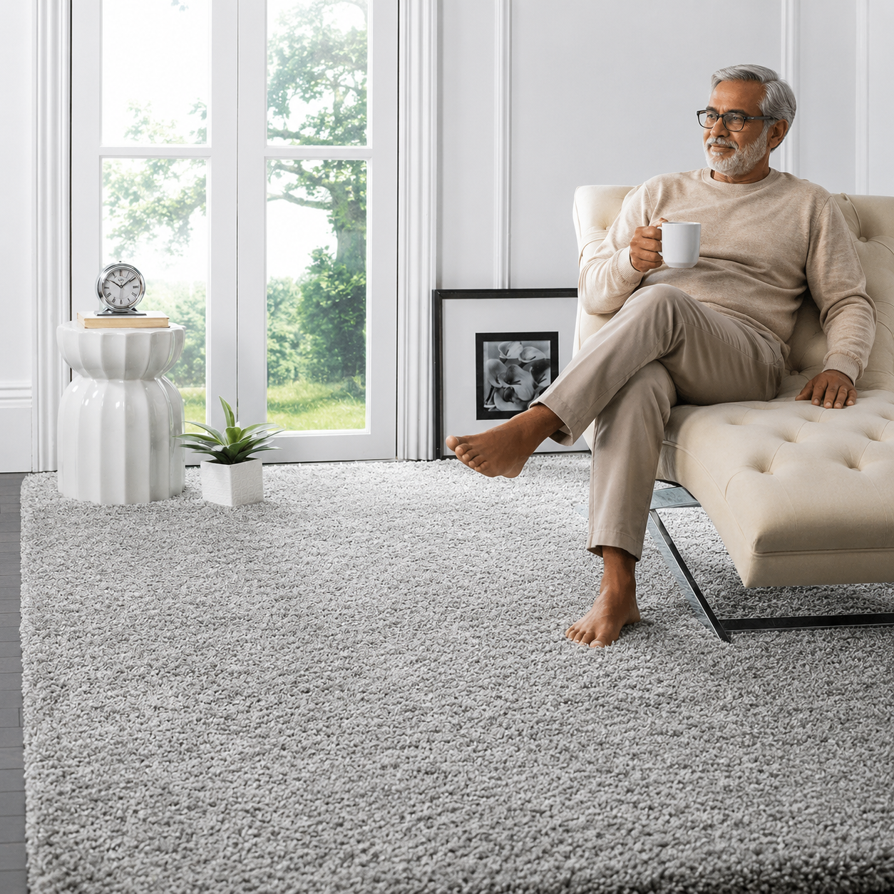 Premium Plain Silver Grey Fluffy Microfiber Rug – Silk Touch & Super Soft – Anti-Skid Rubber Base