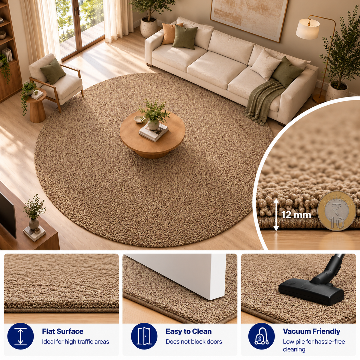 Premium Beige Round Rug – 12 mm Low Pile, Soft Textured Feel, Elegant Modern Design