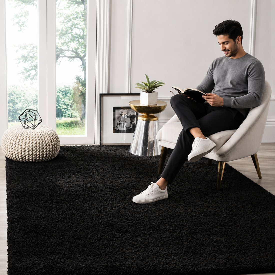 KashyapaRugs plain black premium shaggy living room rug – solid black design, thick plush soft texture, anti-skid rubber backing for modern interiors