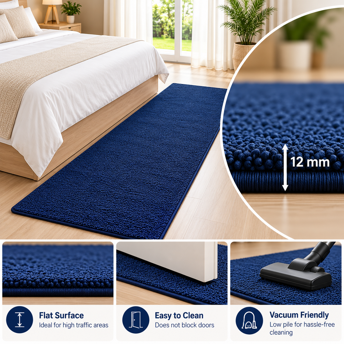 Premium Navy Blue Bedside Runner – 12mm Low Pile Shaggy Textured With Anti - Skid Backing