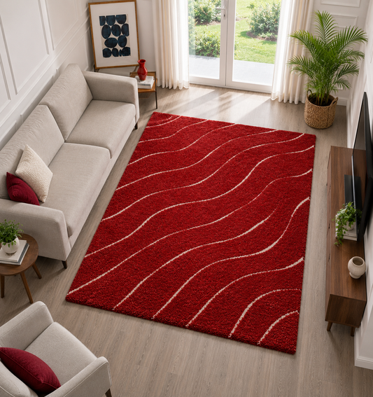 Red Waves Premium Microfiber Shaggy Carpet Rug For Living Room  – Soft Feel with Anti-Skid Backing