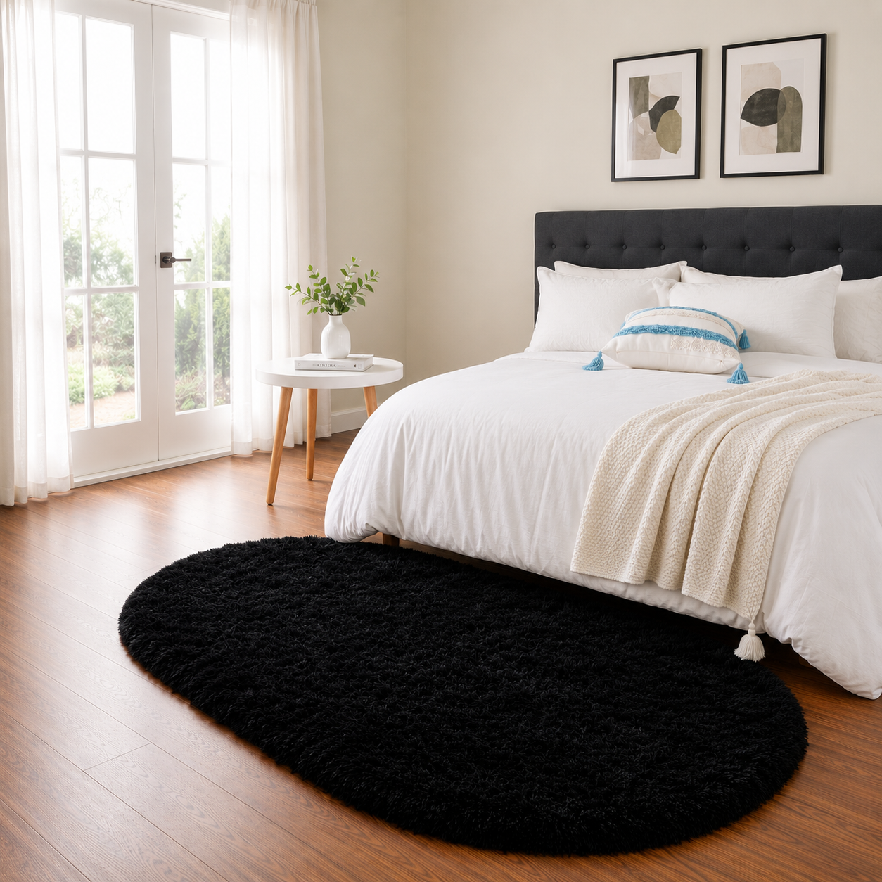Beautiful Black 2 Inch long Pile Premium Microfiber Bedside Oval Runner - Soft Feel, Anti-Skid Rubber Backing