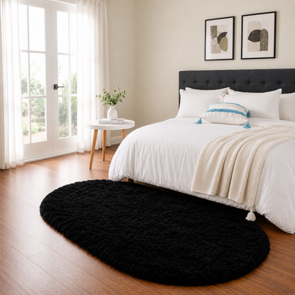 Beautiful Black 2 Inch long Pile Premium Microfiber Bedside Oval Runner - Soft Feel, Anti-Skid Rubber Backing