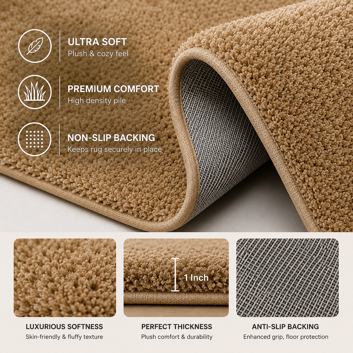 Brown 2 inch long pile Plain Beautiful Premium Microfiber Bedside Runner -  Soft Feel, Anti-Skid  Backing