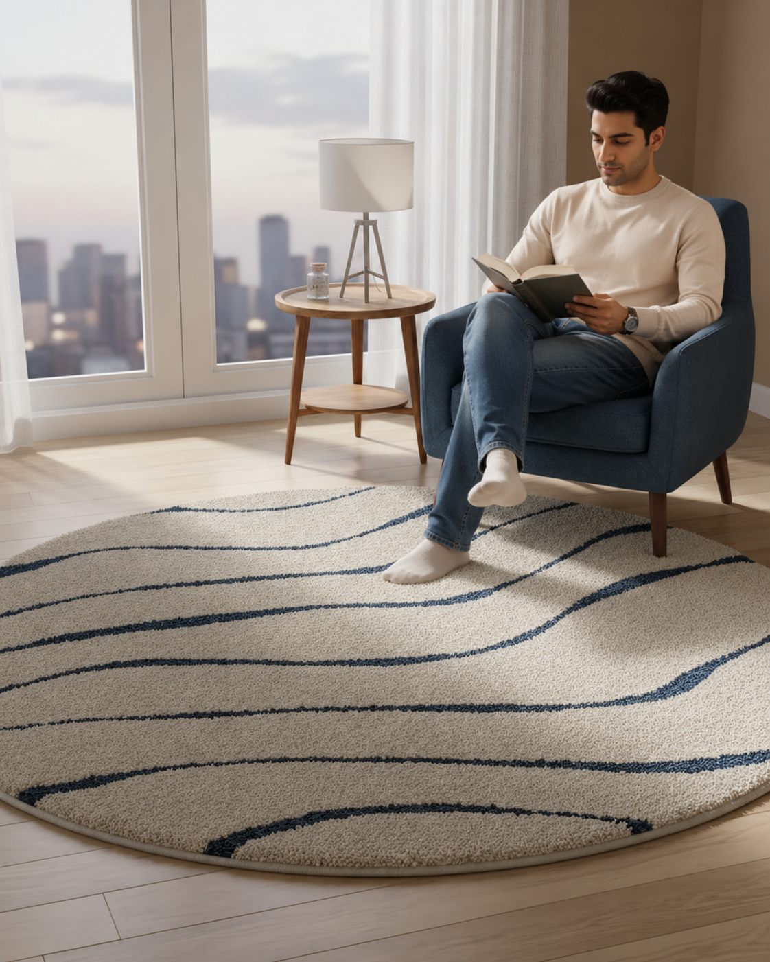 Elegant Ivory & Blue Soft Shaggy Round Carpet – Soft Feel with Anti-Slip Rubber Base
