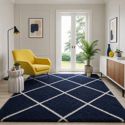 Blue & Ivory Moroccan Diamond Carpet – Soft Microfiber with Anti-Skid Rubber Backing