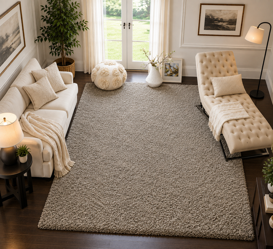 Ivory & Grey 2 inch long pile Shaggy Rug – Luxurious Hand-Tufted Microfiber Carpet – Extra Soft Feel with Anti-Ski Backing