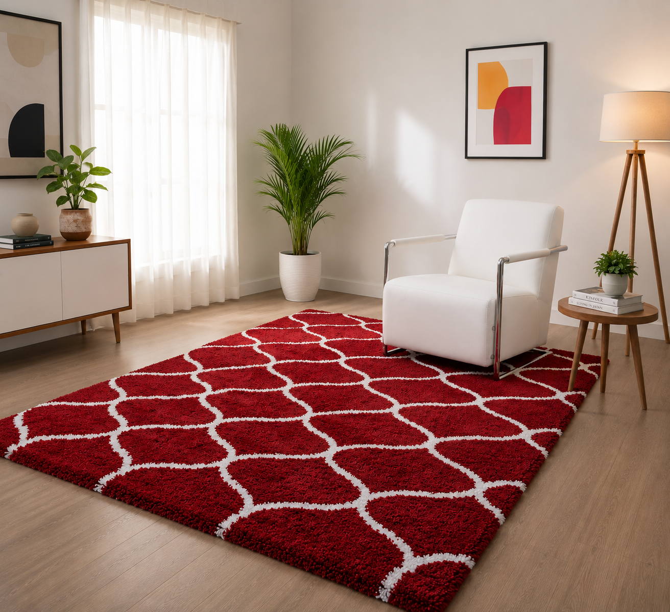Red & White Tufted Moroccan Design Carpet – Soft Feel with Anti-Skid Rubber Backing