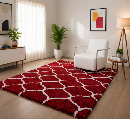 Red & White Tufted Moroccan Design Carpet – Soft Feel with Anti-Skid Rubber Backing