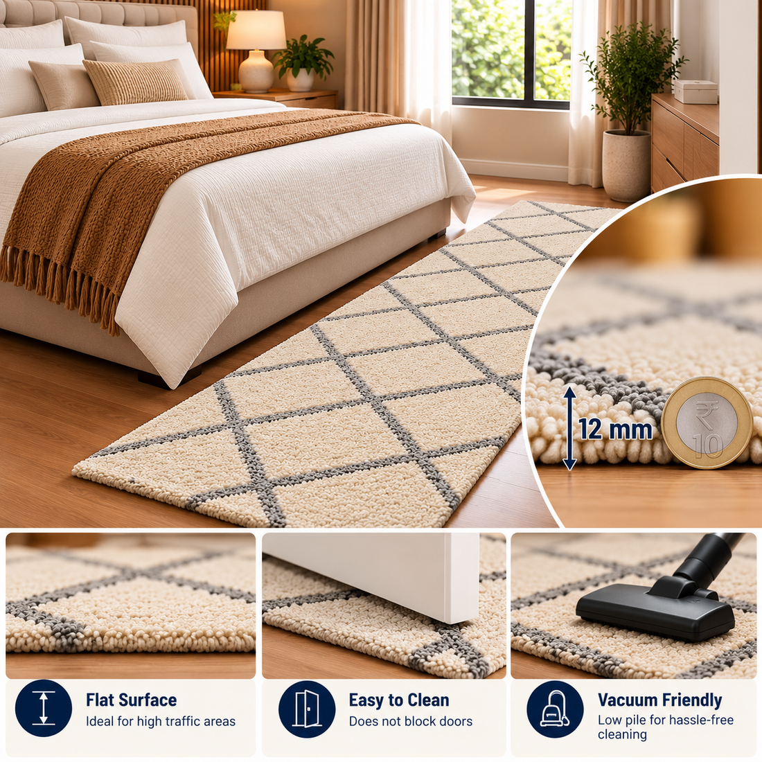 Premium Ivory Cream with Grey Geometric Diamond Pattern Bedside Runner – 12 mm Low Pile, Easy Care