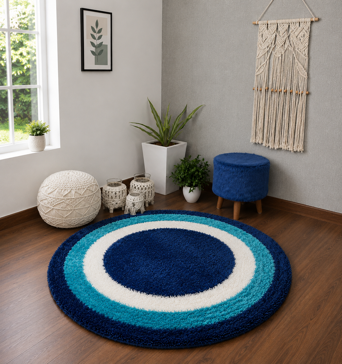 KashyapaRugs multicolor round blue shades shag carpet – vibrant blue-toned multicolor palette with plush shaggy texture, sleek round silhouette for modern living rooms