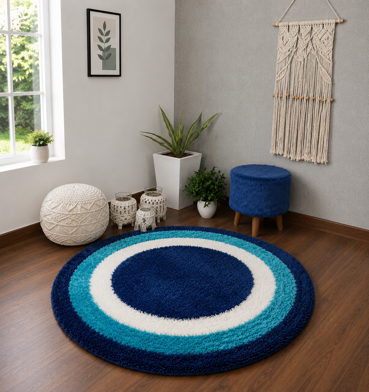 Multicolor Round Blue Shades Shag Carpet for Living Room.