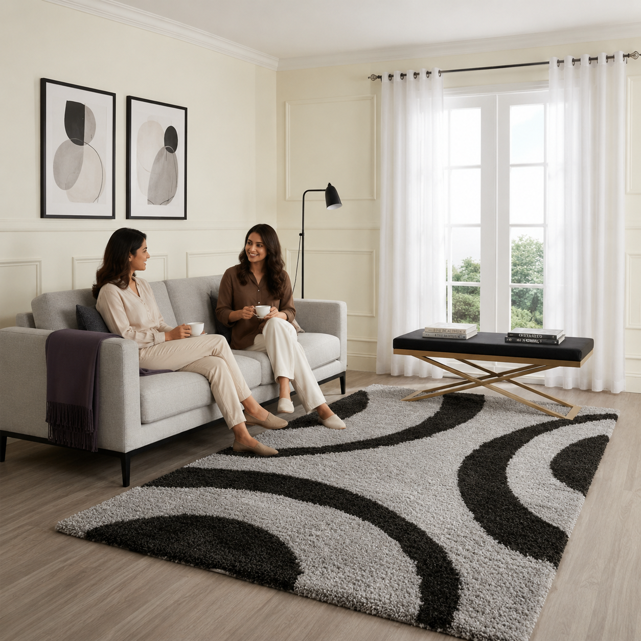 Black & Grey Abstract Pattern Microfiber Carpet – Luxurious Soft Touch, Anti-Skid Base