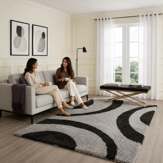 Black & Grey Abstract Pattern Microfiber Carpet – Luxurious Soft Touch, Anti-Skid Base