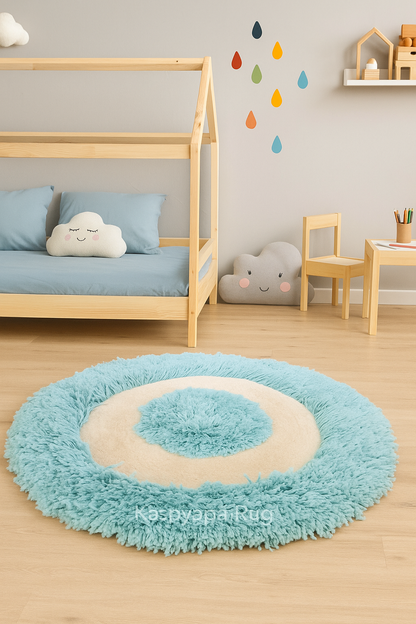 White & Blue Round Carpet -  Soft Feel with Anti-Skid Rubber Backing