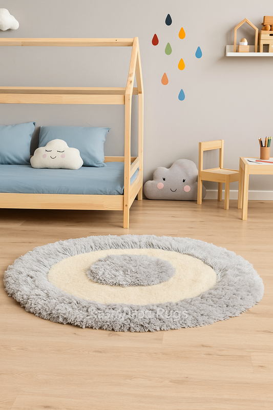 Grey & White Shaggy Round Carpet - Soft Feel with Anti-Skid Rubber Backing