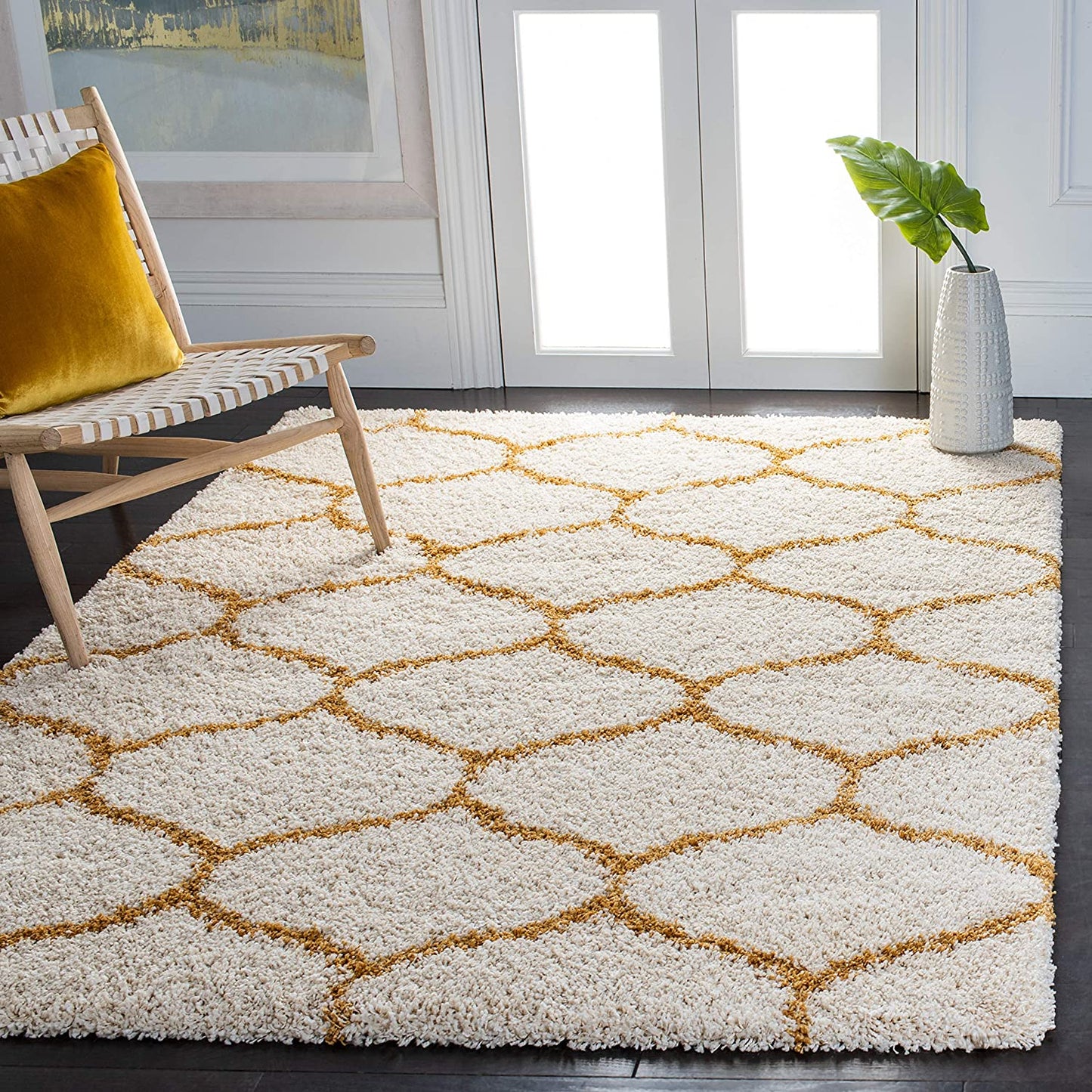 Mustard and Ivory Premium Morrocon Design Soft Shaggy Microfiber Rug.