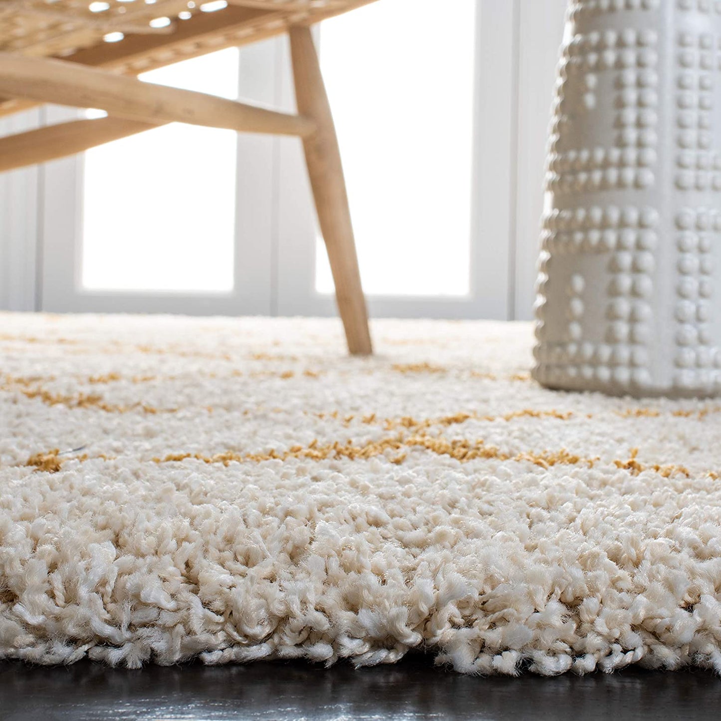 Mustard and Ivory Premium Morrocon Design Soft Shaggy Microfiber Rug.
