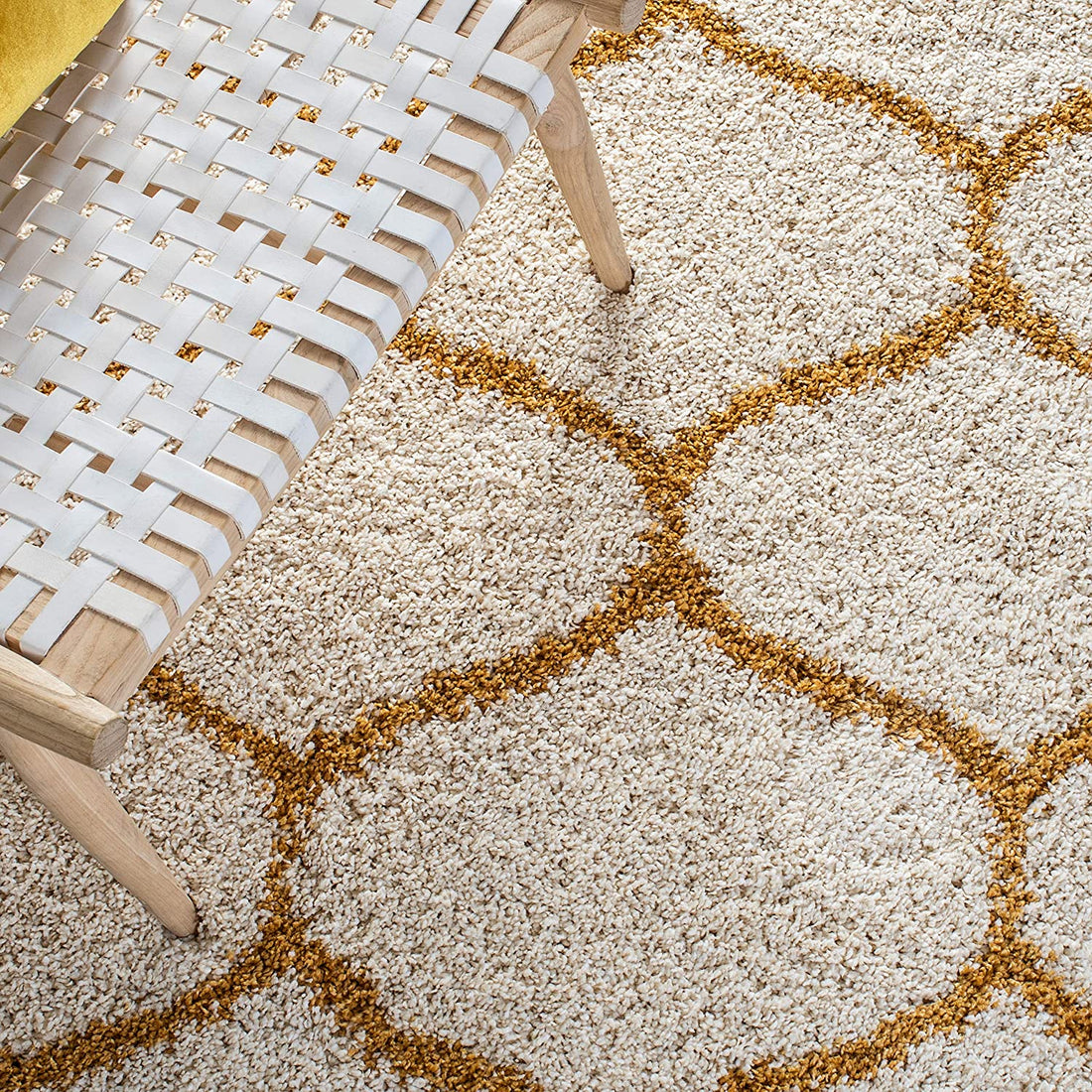 Premium Mustard-Ivory Moroccan Style Shaggy Rug – Plush Soft Touch, Non-Slip Rubber Base