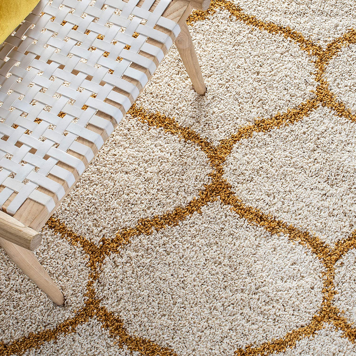 Premium Mustard-Ivory Moroccan Style Shaggy Rug – Plush Soft Touch, Non-Slip Rubber Base