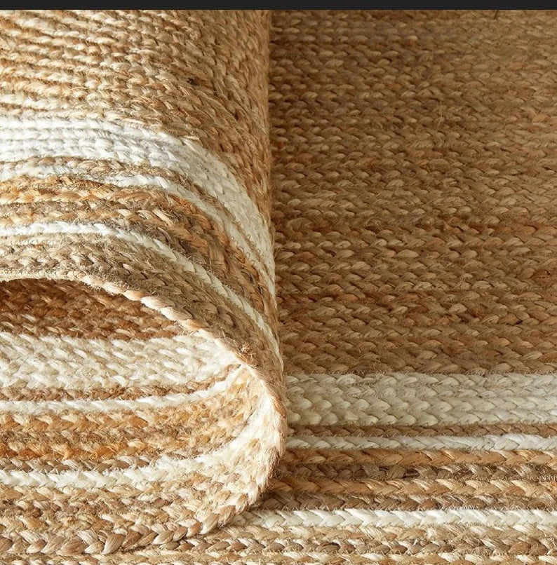 Natural & White Double Border Oval Shaped Jute Area Rug .