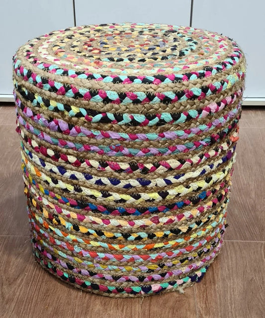 Colorful Chindi & Jute Pouf – Braided Design for Bedroom & Living Room