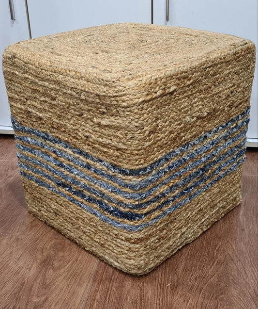 Denim & Jute Box Pouf – Hand Braided for Bedroom & Living Room