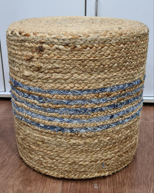 Denim Trimmed Jute Pouf – Hand Braided for Living Room & Bedroom Corners