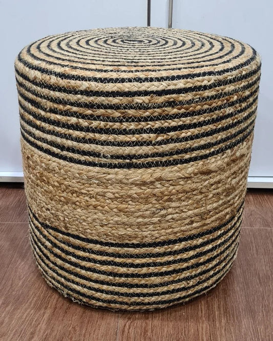Handcrafted Jute Pouf – Natural Base with Black Detailing for Bedroom & Living Room